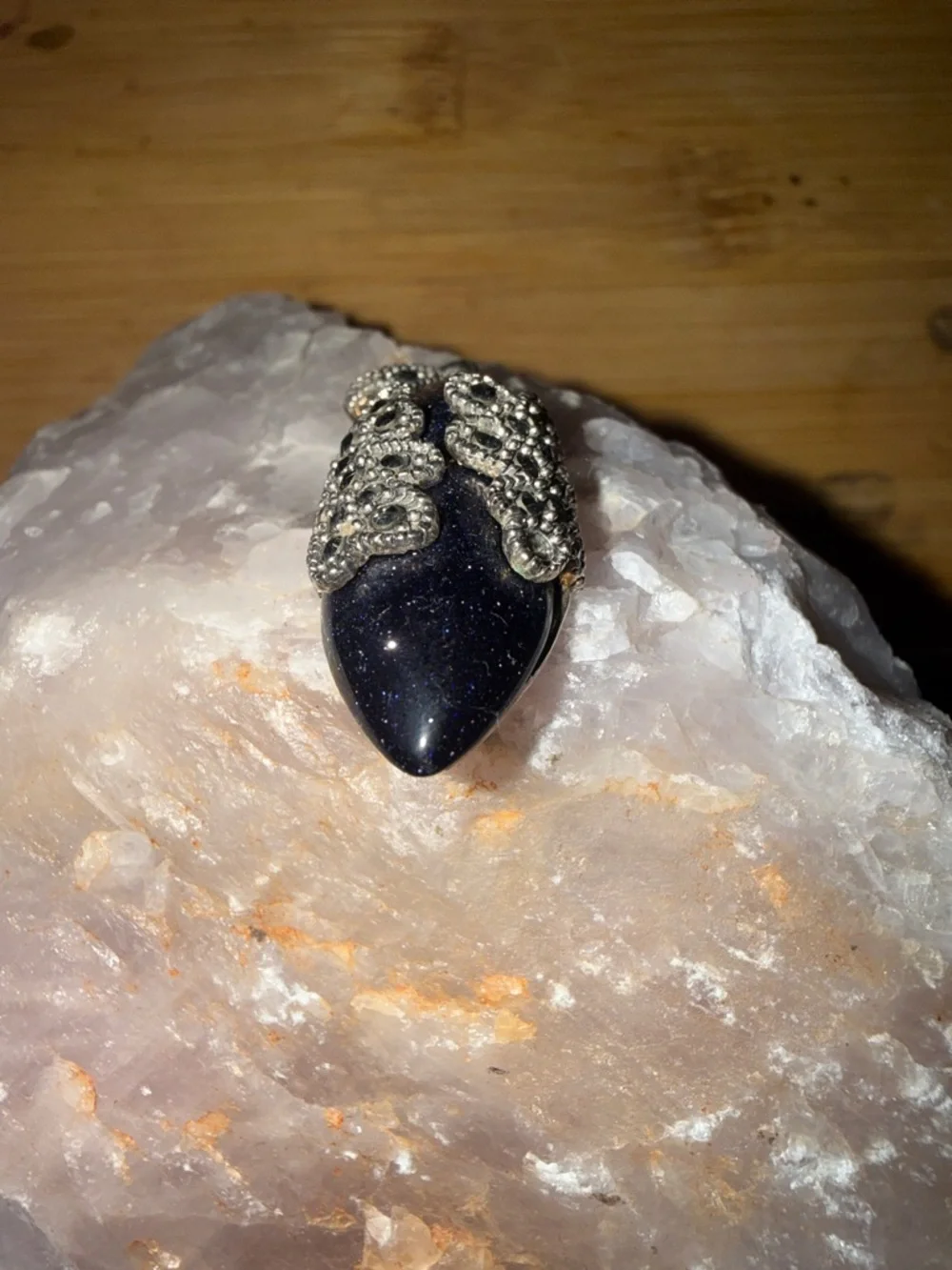 Vintage Sterling Silver Marcasite Blue Goldstone Pendant