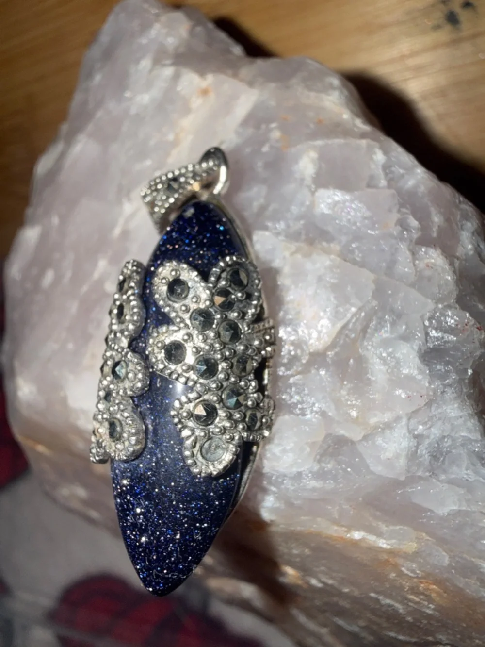 Vintage Sterling Silver Marcasite Blue Goldstone Pendant