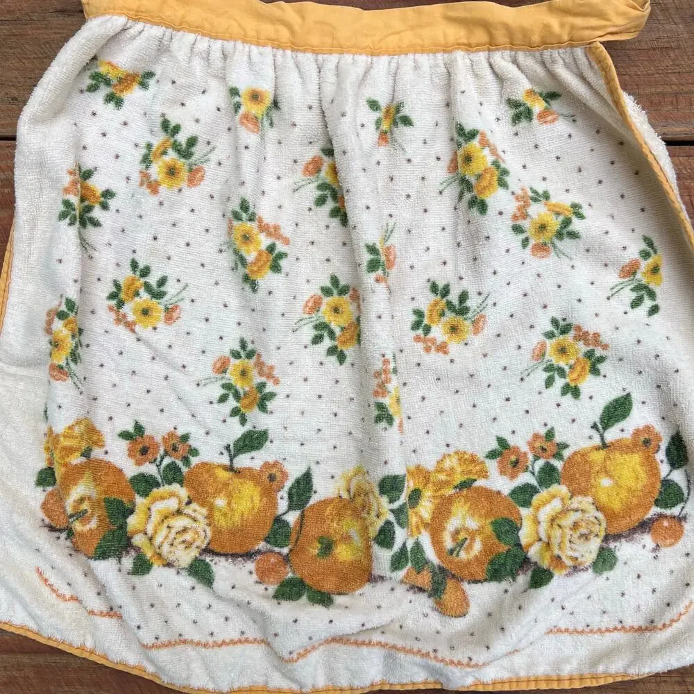 Vintage 70s Terrycloth Apron Fruit Floral Yellow Tie Back Retro Kitchen Hostess
