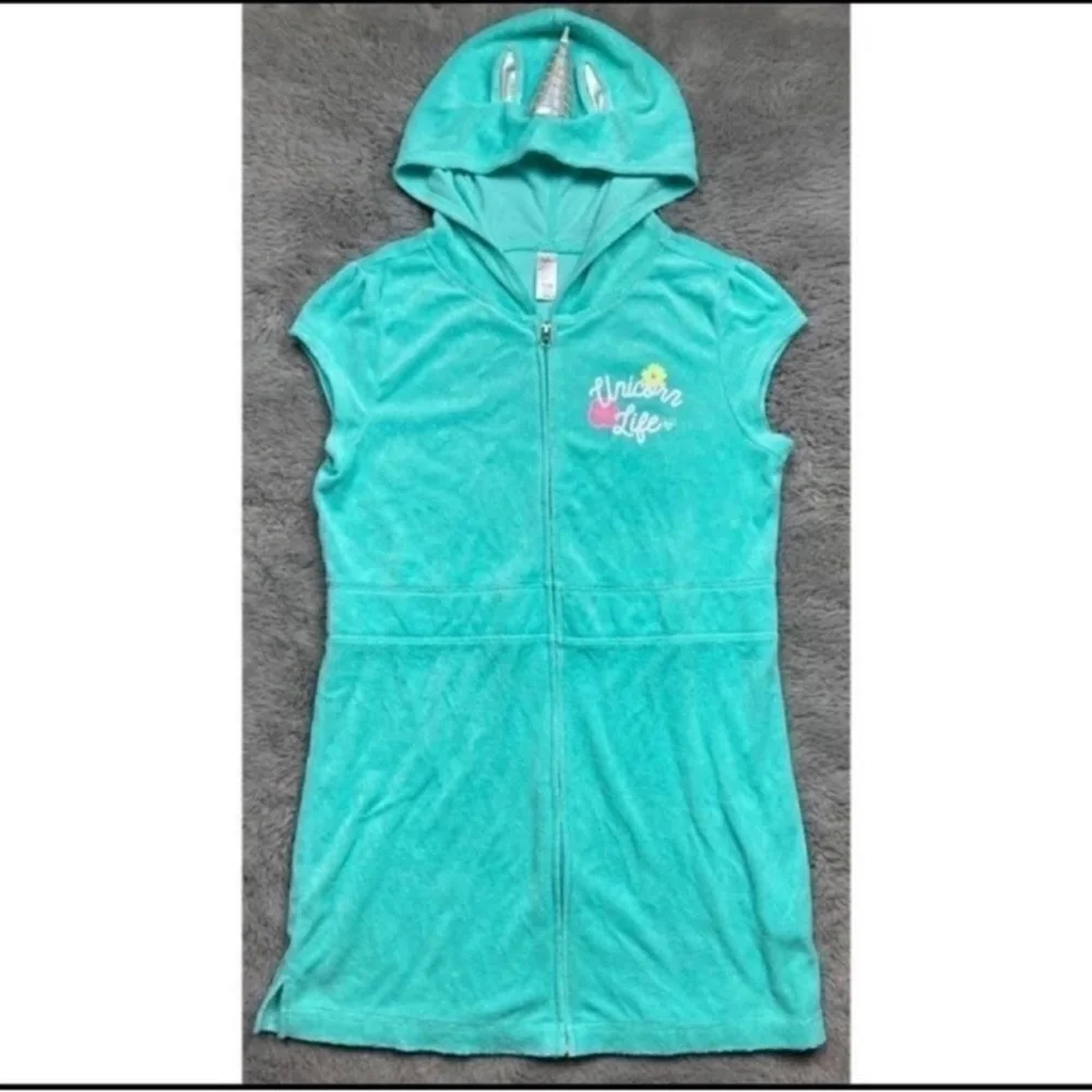 Justice mint green terry knit zip up unicorn life swim suit cover up