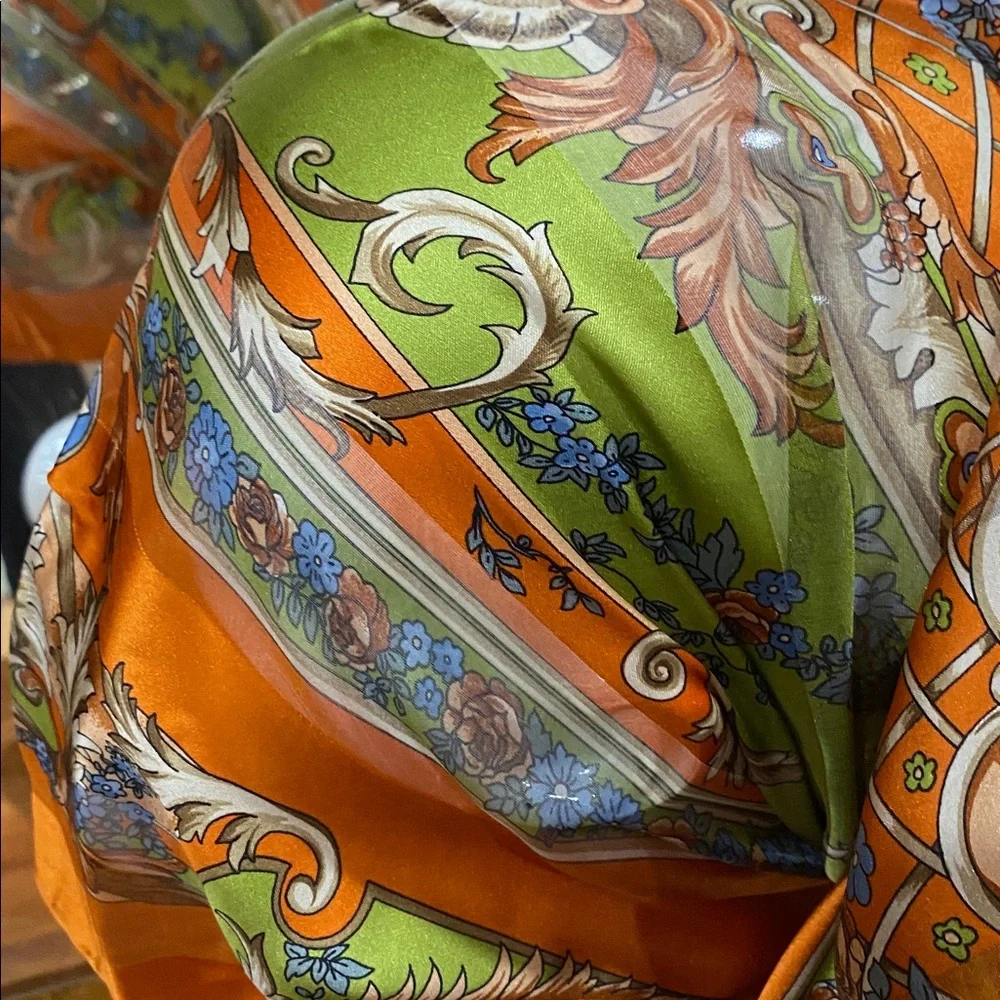 Vibrant Orange & Green Medallion Silk Scarf 34 x 34 inch NWOTs 100% Silk