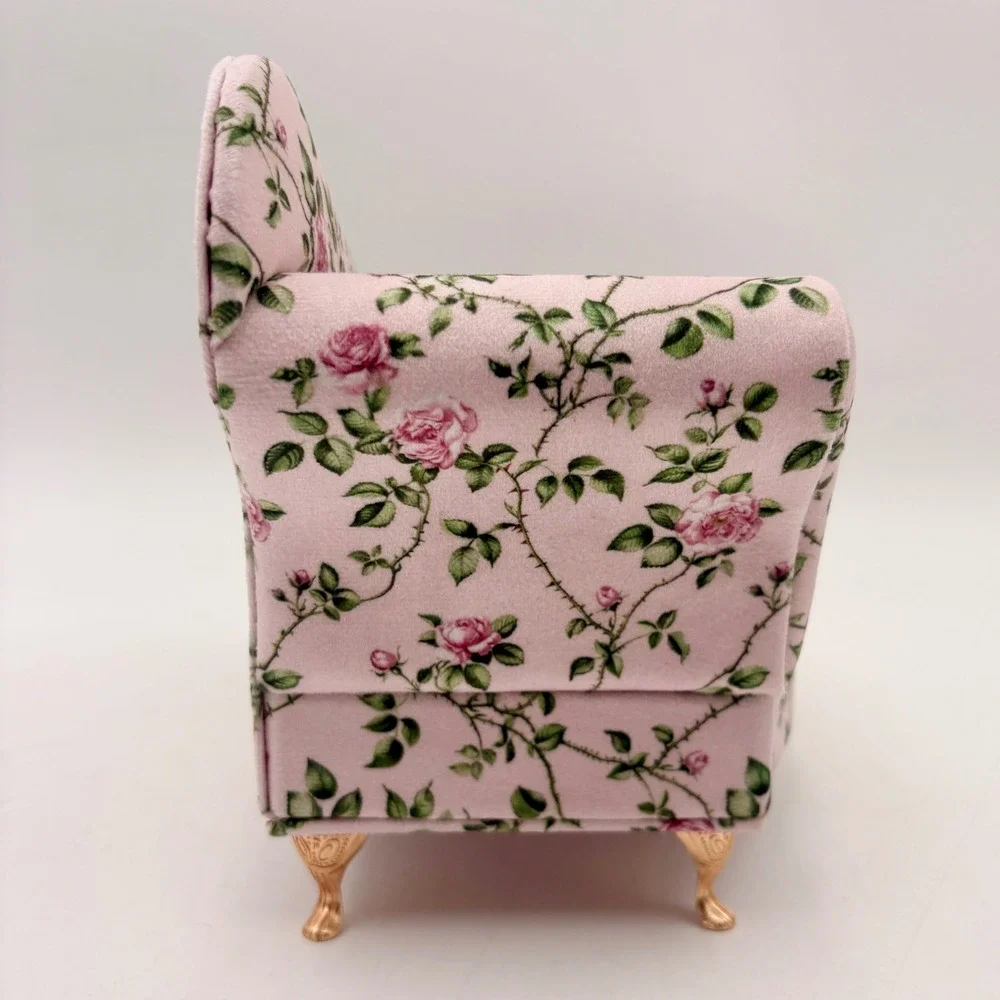 Pink Floral Rose Chaise Lounge Jewelry Box Miniature Sofa Mirror Ring Storage