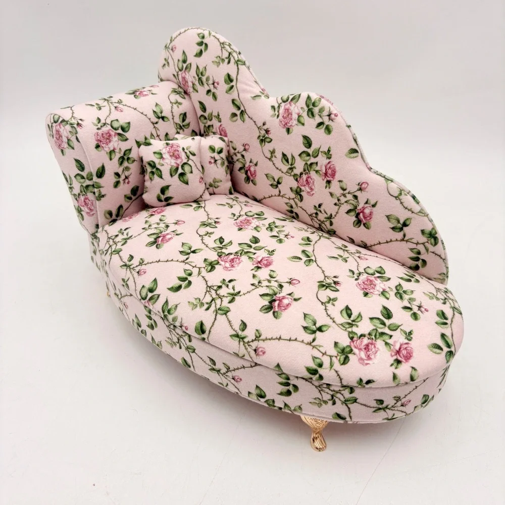 Pink Floral Rose Chaise Lounge Jewelry Box Miniature Sofa Mirror Ring Storage