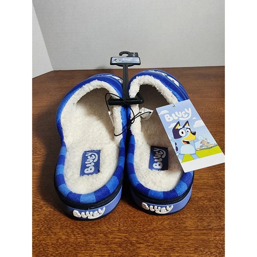 BLUEY Men's Size 7-8 Scuff Slippers Sherpa Slip-On  Slides • Blue