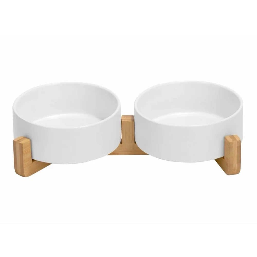 NEW Ceramic Dog Cat Bowl Set Wooden Stand Non-Slip Matte 13.5Oz