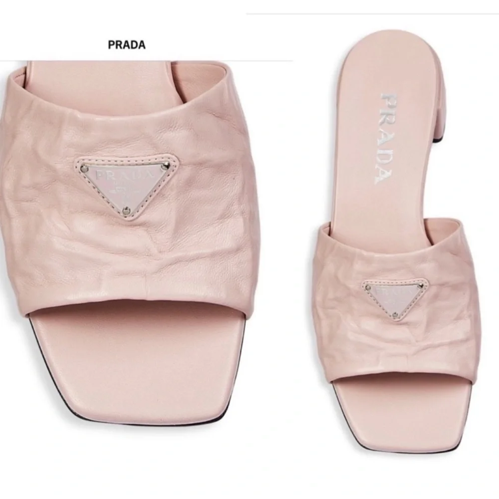 Prada Crinkled Leather Block-Heel Slip on Logo Mules Sandals size 8 Pale Pink