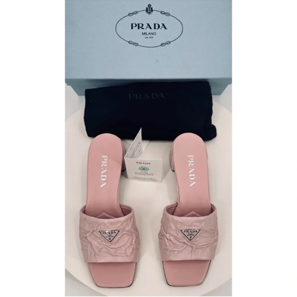 Prada Crinkled Leather Block-Heel Slip on Logo Mules Sandals size 8 Pale Pink