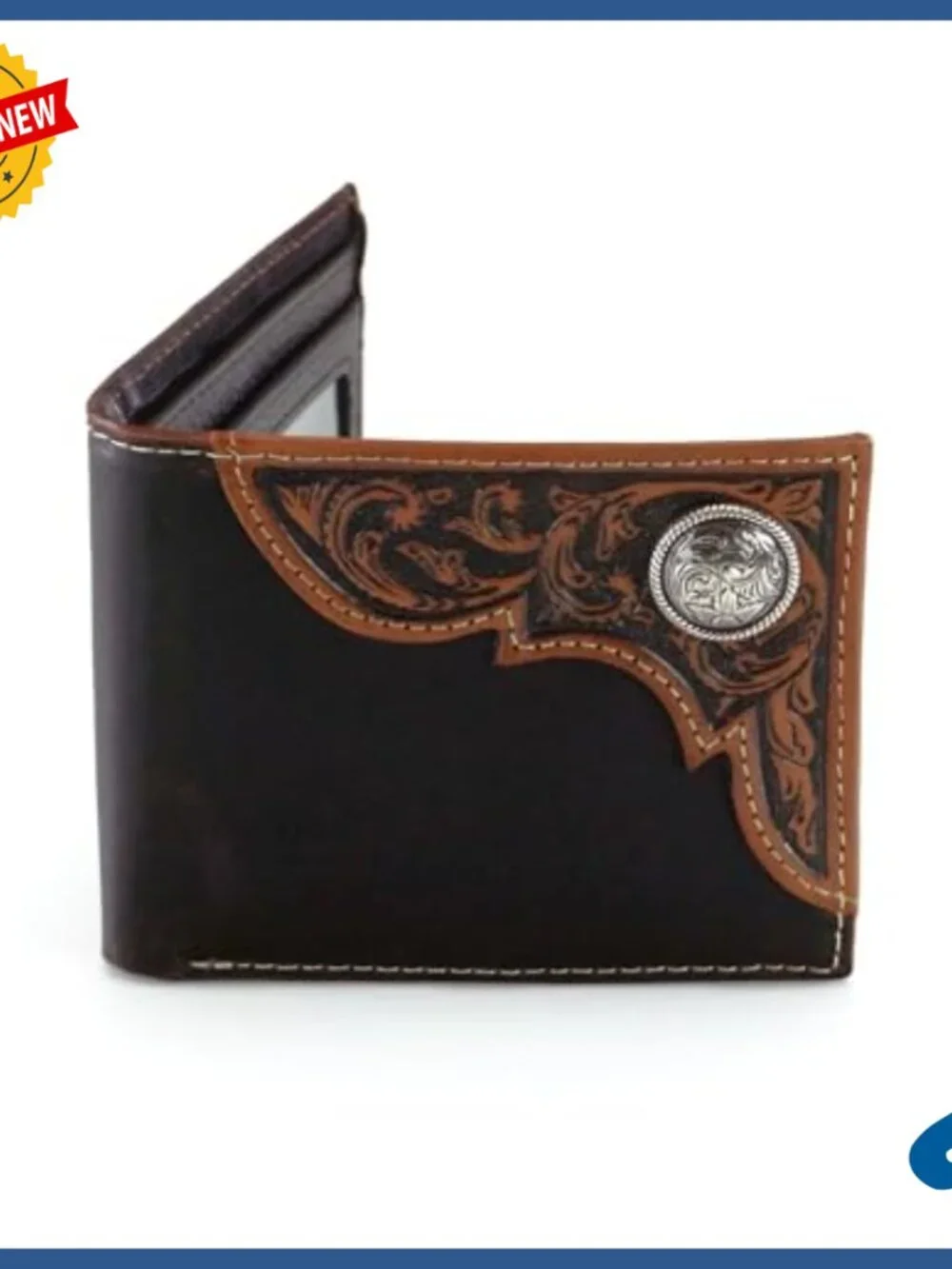 Distressed Leather Trifold Wallet with Tooled Corner and ID Window