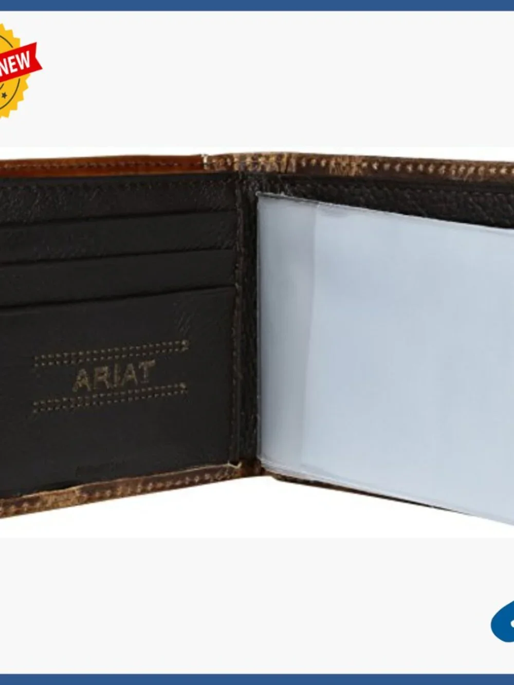 Distressed Leather Trifold Wallet with Tooled Corner and ID Window