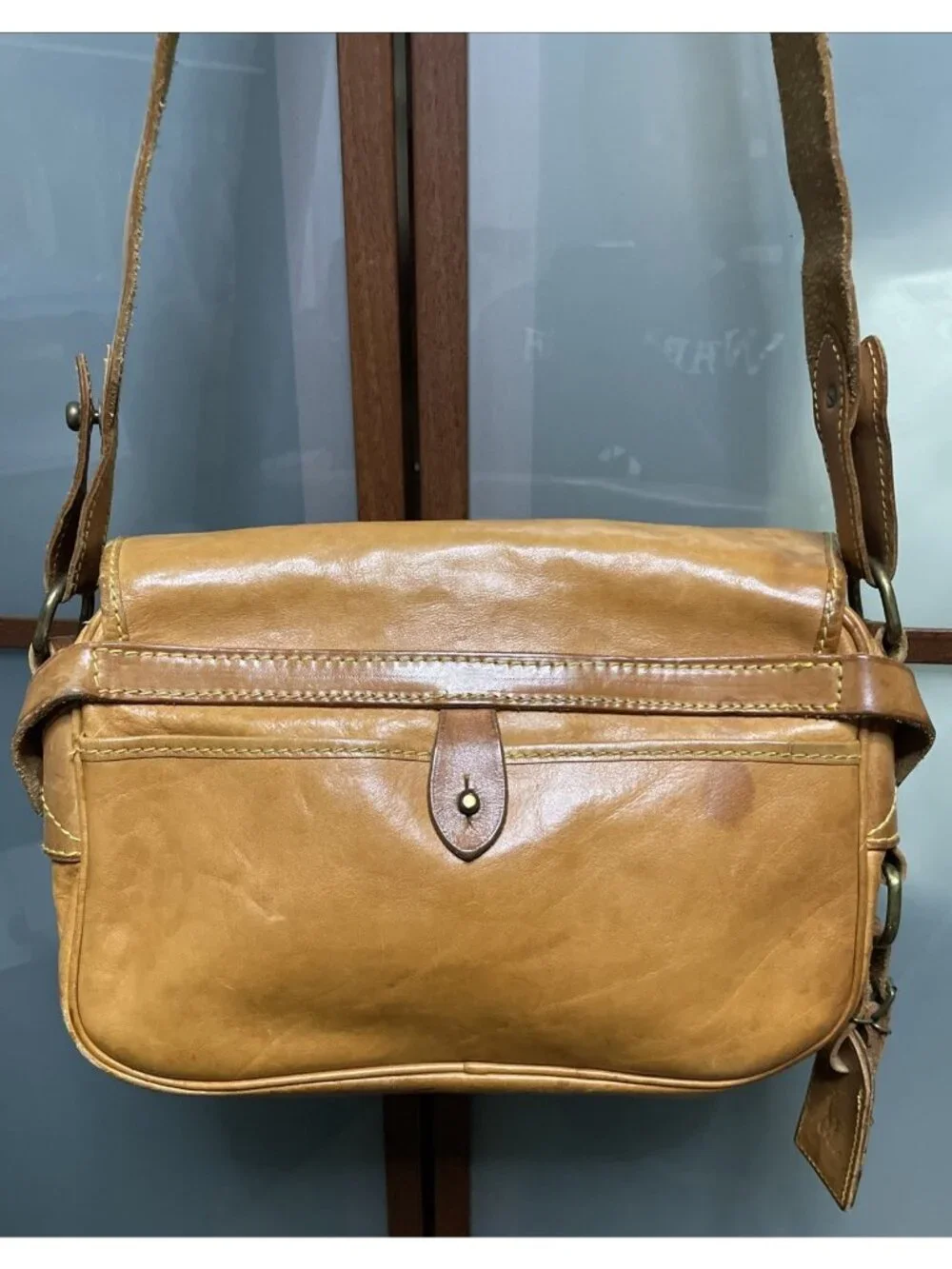 Polo Ralph Lauren Vintage 90s Leather Messenger Shoulder Bag Yellow Stitching
