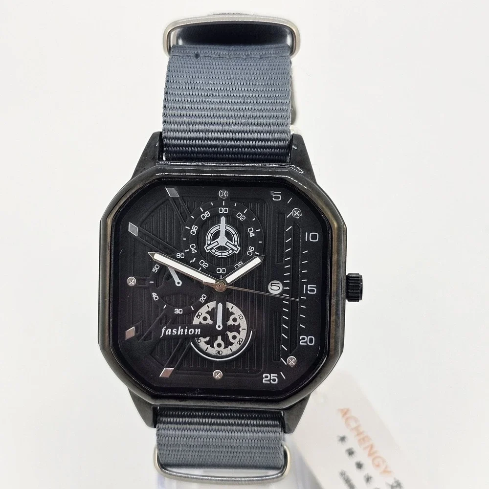 Men's 42MM Watch Black‎ Dial Date Indicator Gray Canvas Band New Battery