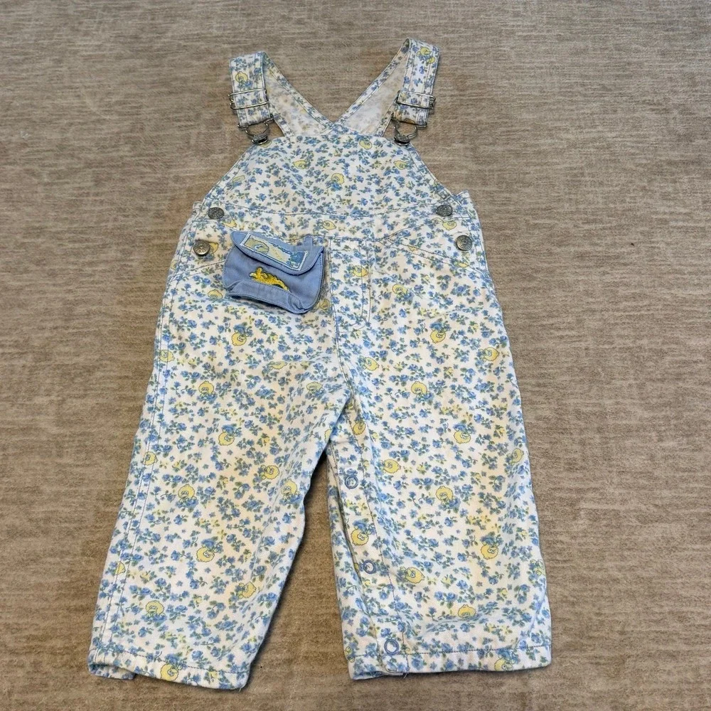 Vintage Sesame Street Big Bird Floral Overalls 18M Baby Toddler AOP