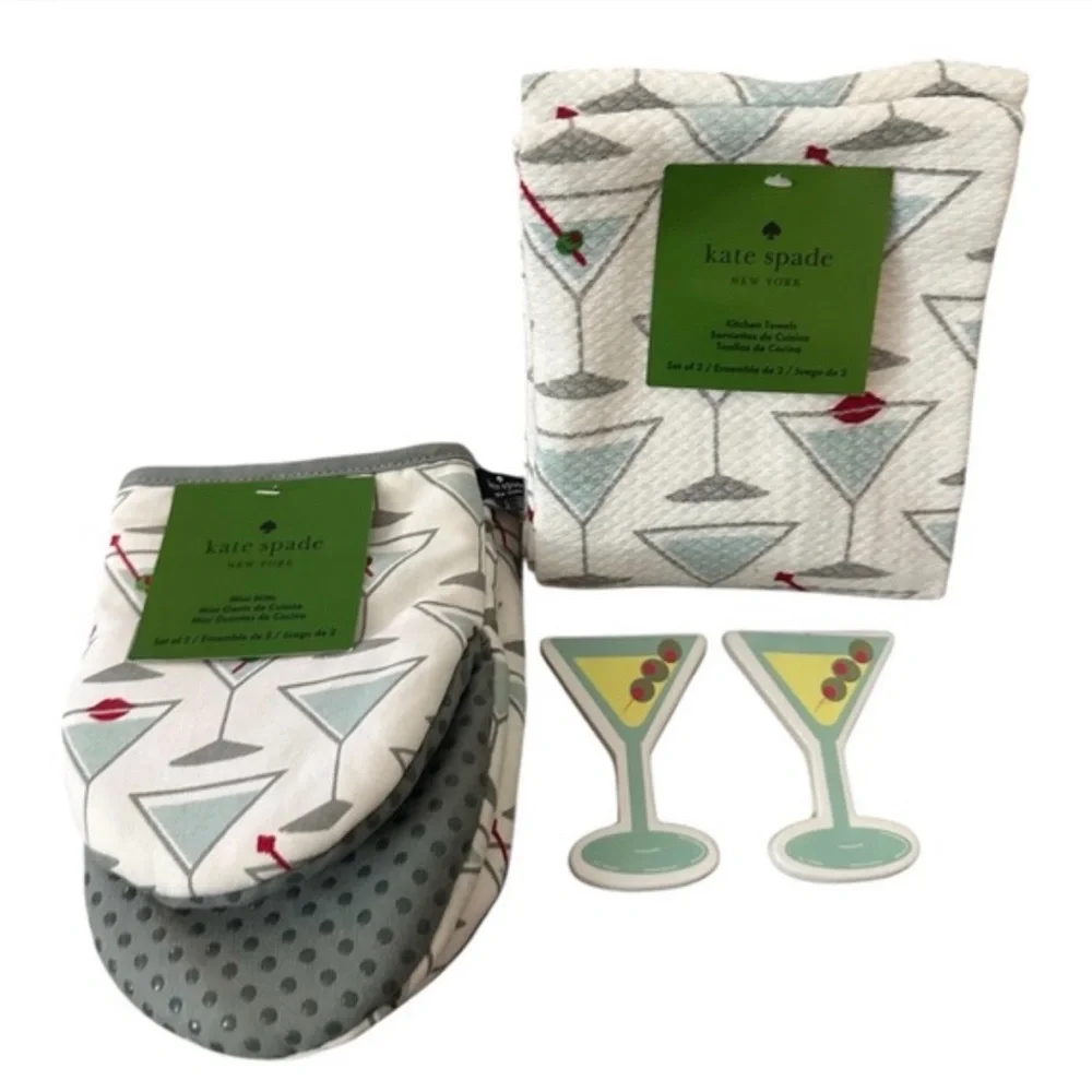 kate spade martini set of 3 in white & aqua  | towels, mitt, magnets NWT