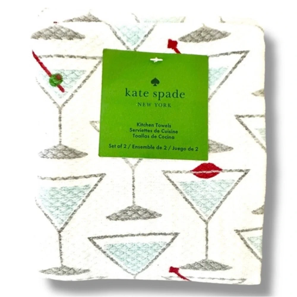 kate spade martini set of 3 in white & aqua  | towels, mitt, magnets NWT