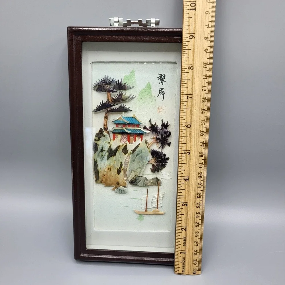 Vintage Chinese Shell Art Shadow Box Pagoda Landscape 3D Wall Decor 9