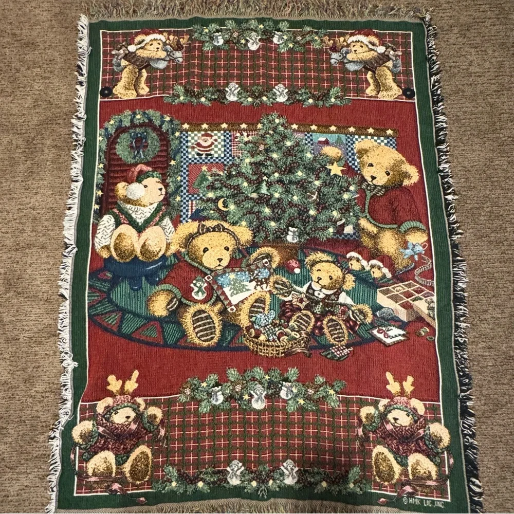 Christmas Vintage Throw Tapestry Teddy Bears‎ with Granny Blanket Holiday