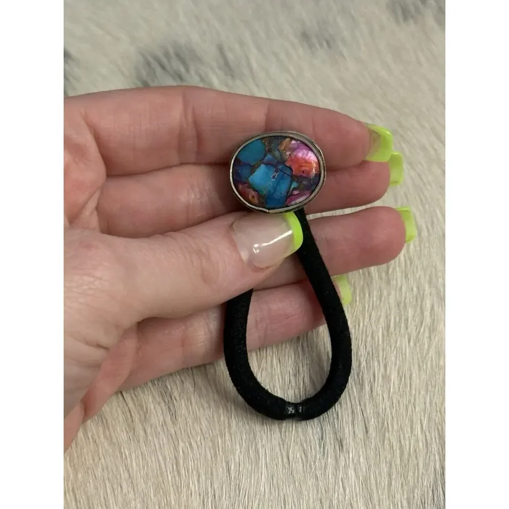 Native American Navajo Handmade Sterling Silver Pink Blue Dahlia Oyster Hair Tie