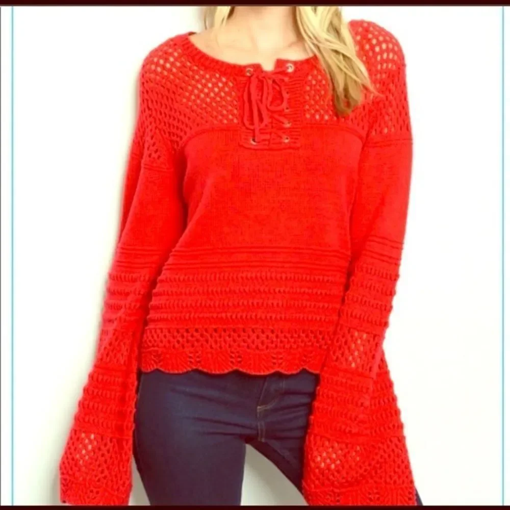 Kate C. Red  Crochet Long Sleeve Cropped  Sweater Size Small/Medium