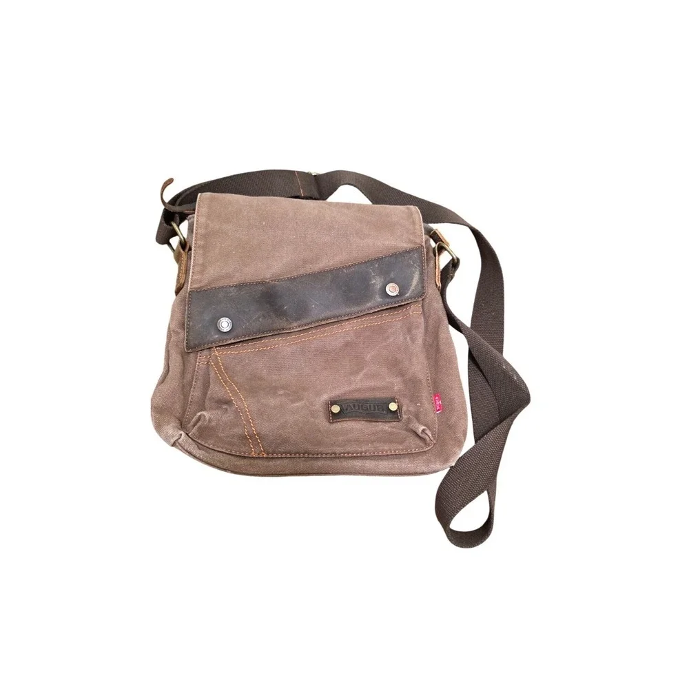 Augur Brown Canvas/Leather Messenger Crossbody Bag Adjustable Strap Size M