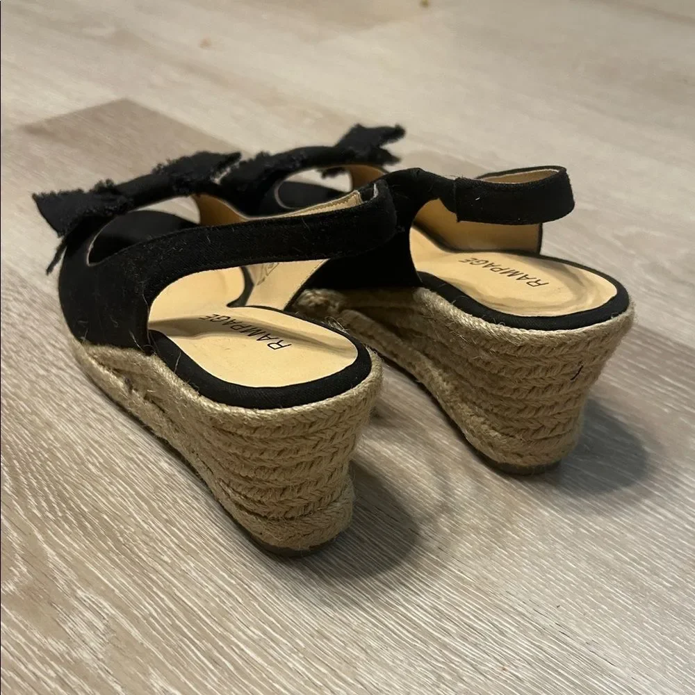 Rampage Dezie Wedge Slingbacks Raw Edge Black Linen Bows Espadrilles Sz 7