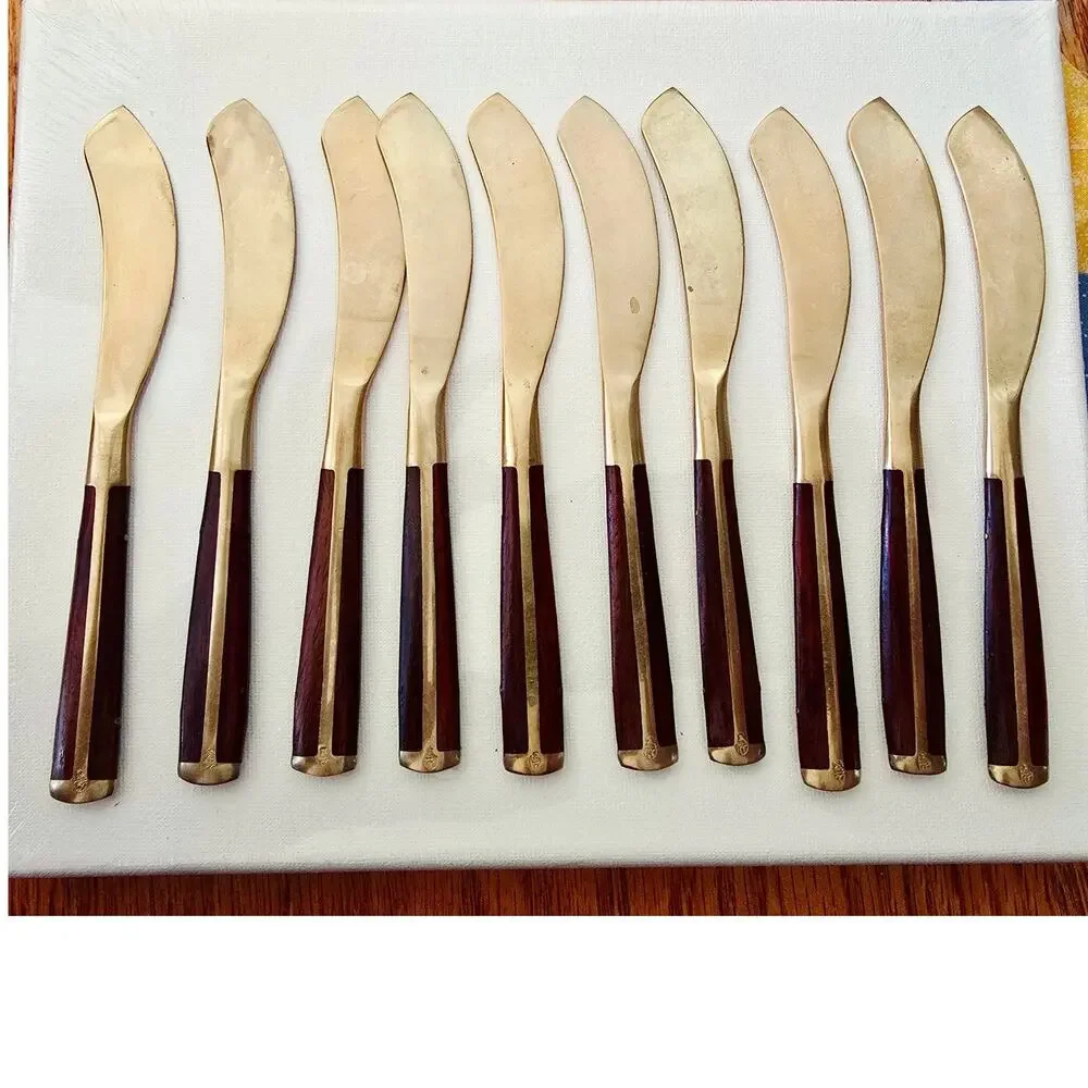 Vintage MCM Jean Claude Style Rosewood Brass Bronze Flatware KNIVES 10pcs READ