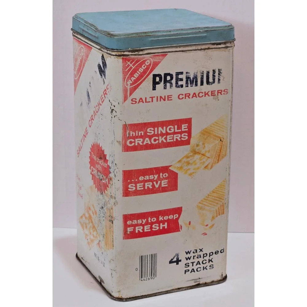 Vintage Nabisco Premium Saltine Crackers Tin Blue Lid 14oz Metal Advertising