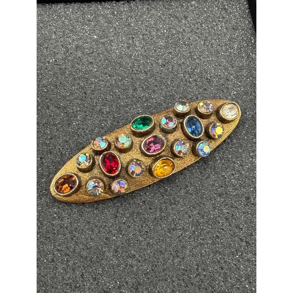 Vintage Art Deco Style Brooch 1950s Multi Color Rhinestones Gold Tone #1057