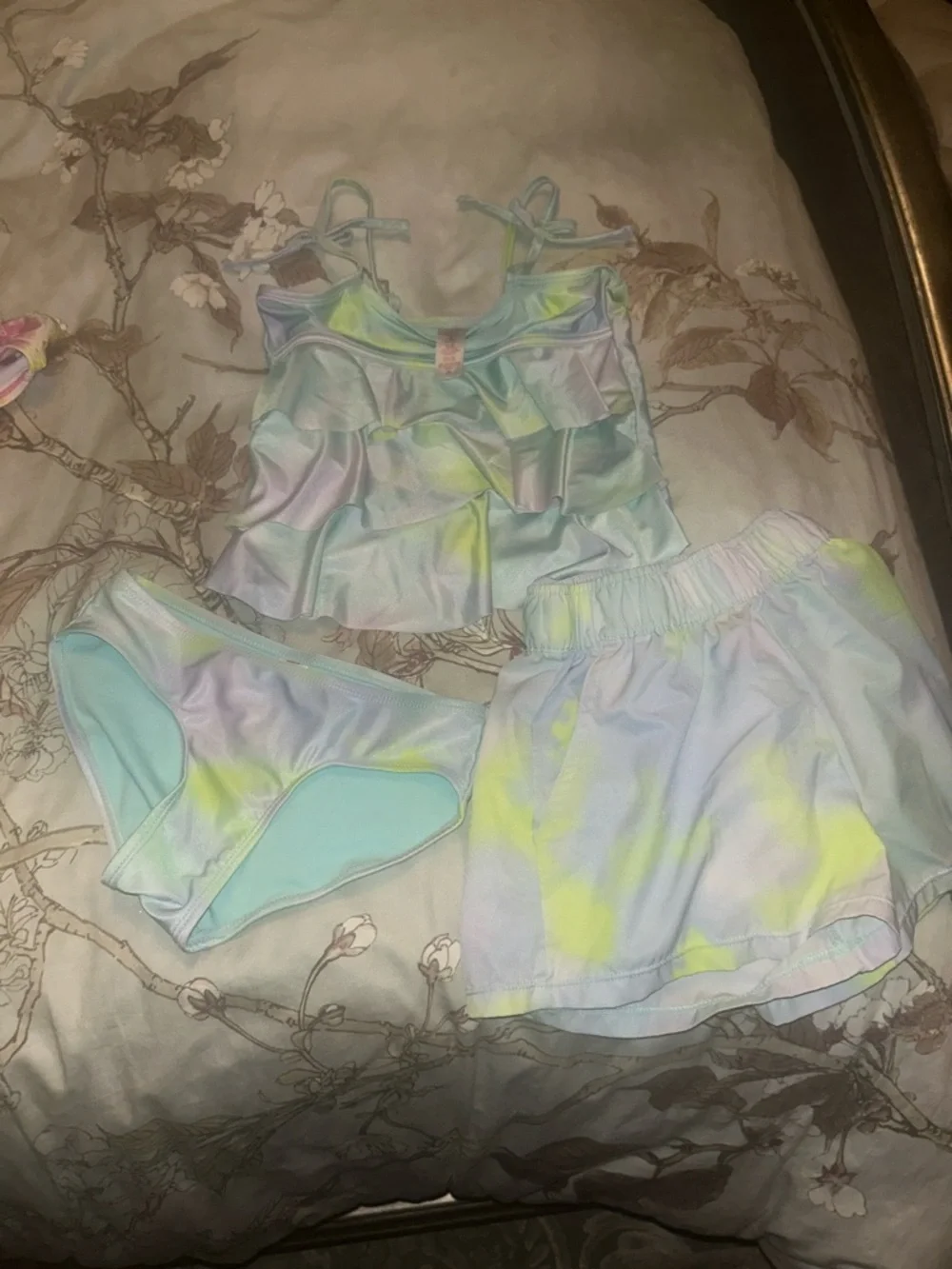 Justice Girls Pastel Tie-Dye Ruffle Bikini Set in Blue, Yellow, Purple