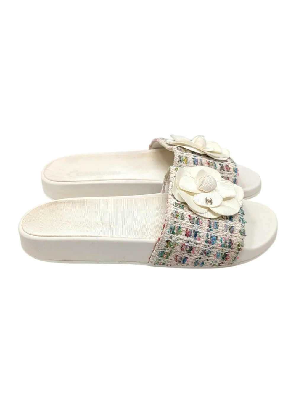 Chanel Camellia Tweed CC Logo Slide Rainbow White Rubber Pool Sandal 38 | 7.5