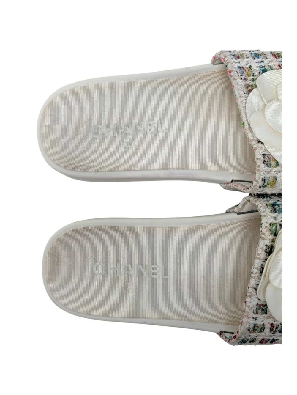 Chanel Camellia Tweed CC Logo Slide Rainbow White Rubber Pool Sandal 38 | 7.5