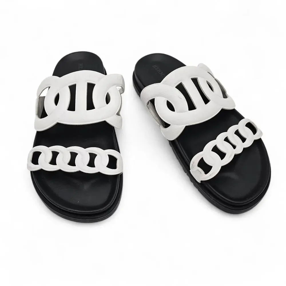Hermes Extra Sandal Flat Slide Double Strap Black White Leather Size 38 US 8