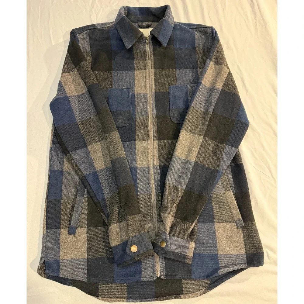 RVLT Revolution Plaid Zip Up Jacket Men's L Blue Gray Flannel Wool Blend #3608