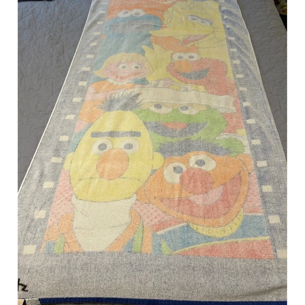 VTG Sesame Street Towel 80s 90s Big Bird Elmo Bert Ernie Cookie Monster Franco