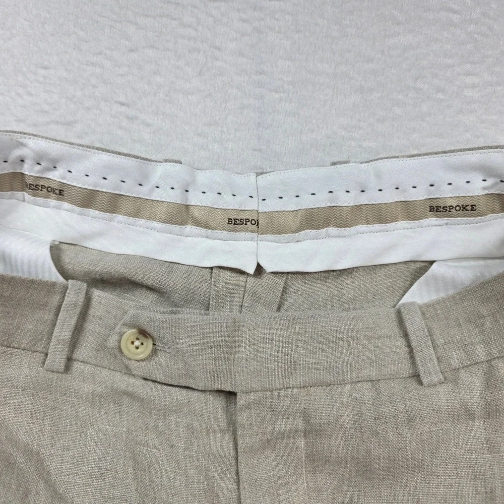 Bespoke StudioSuits Trousers Men 33x31 Beige Linen Handcrafted Flat Front