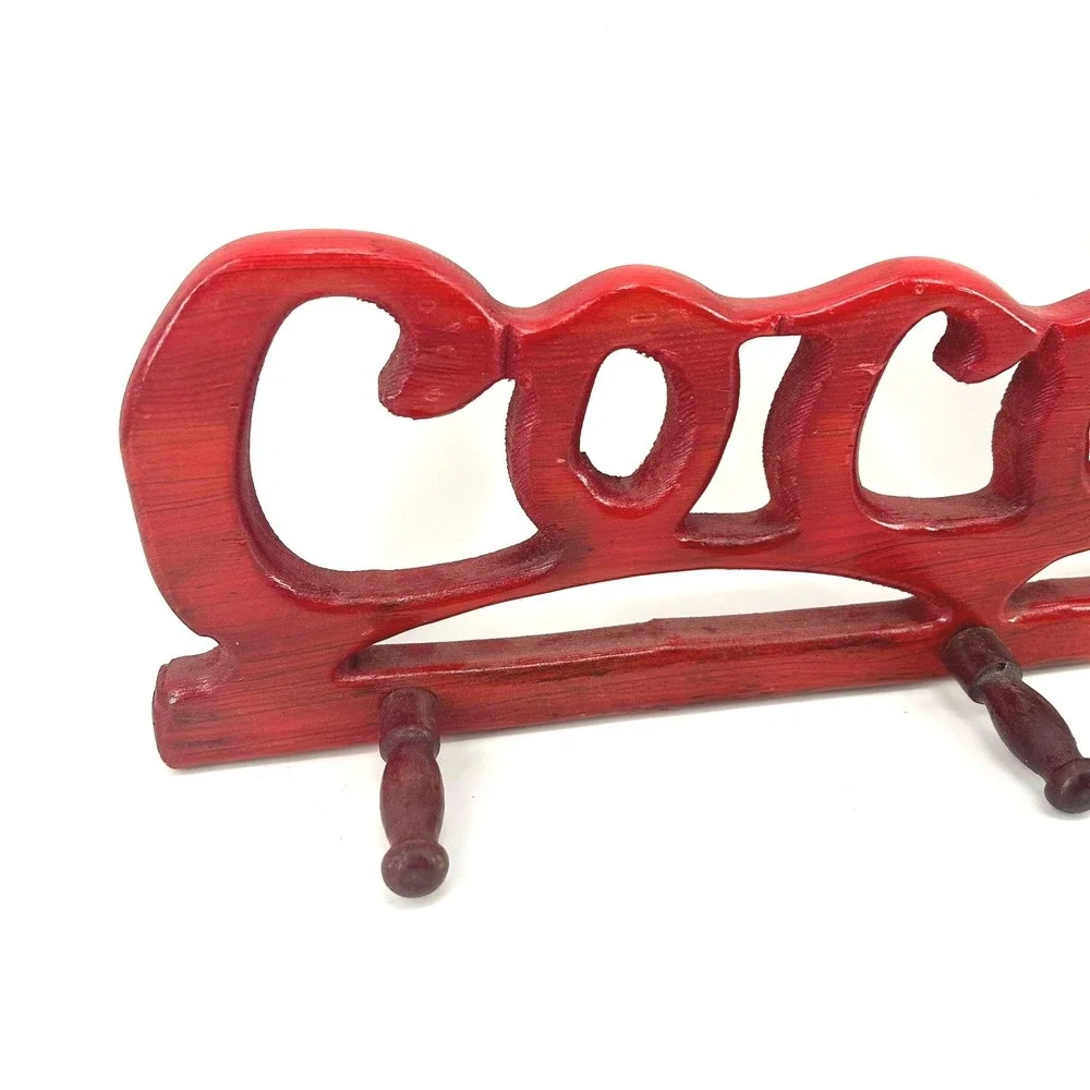 Vintage Cursive Coca-Cola Red Wood Wall Mounted Peg Rack Coat Hat Hanger