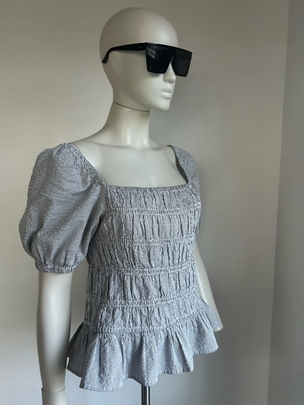 Buffalo L Smocked Square-Neck Peplum Top in Light Blue Stripe