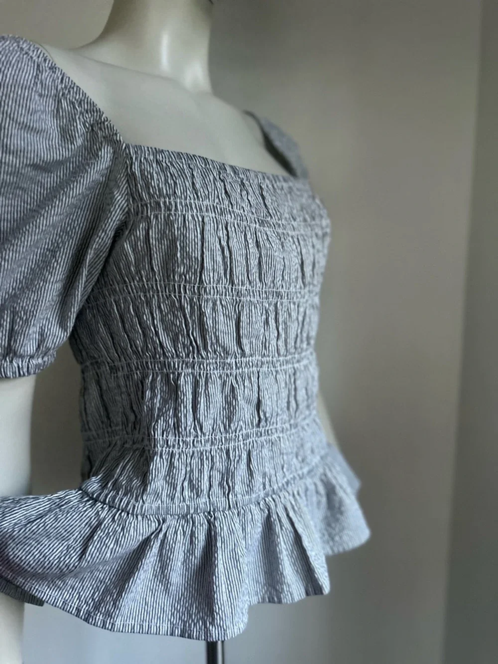 Buffalo L Smocked Square-Neck Peplum Top in Light Blue Stripe