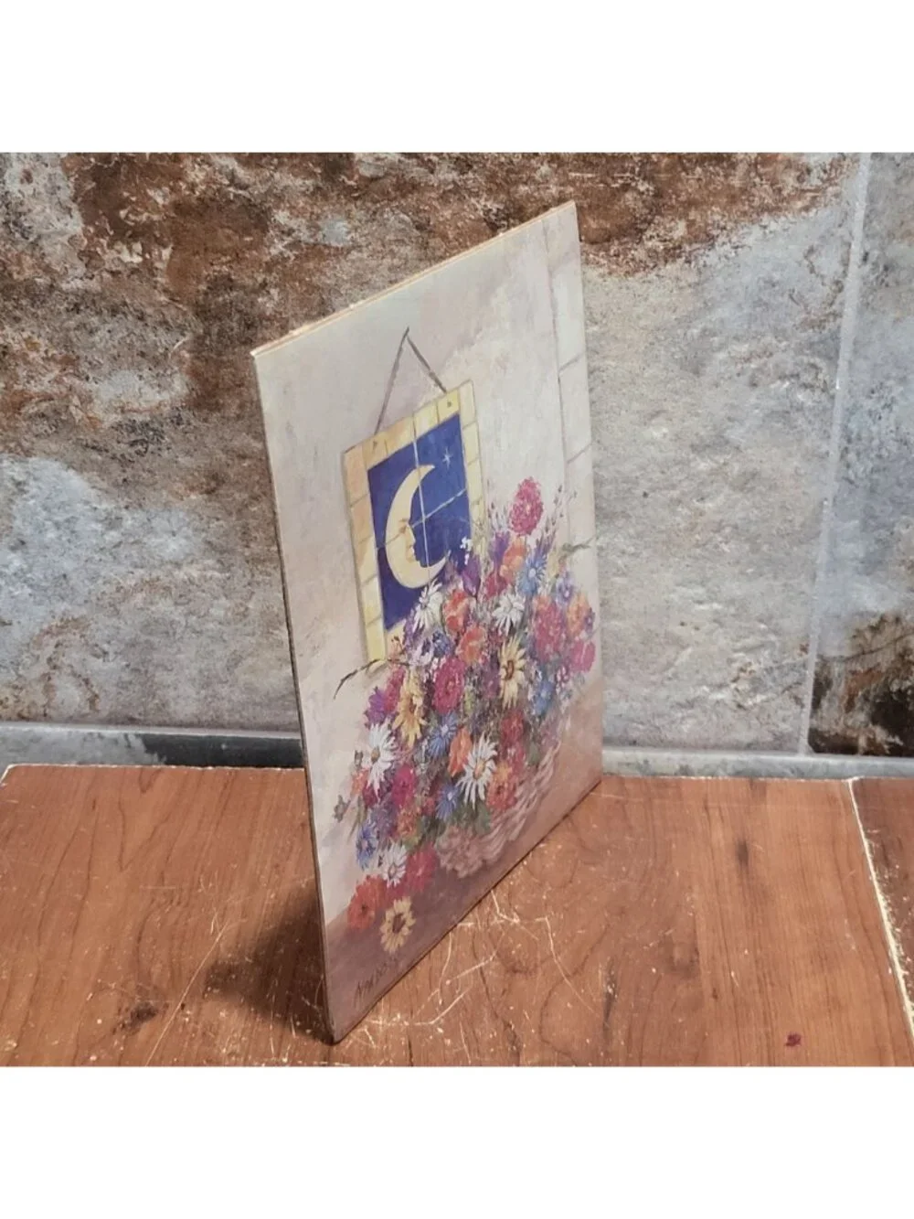 Vintage Unframed Floral Still Life Crescent Moon Art Print 1994 Nardozzi