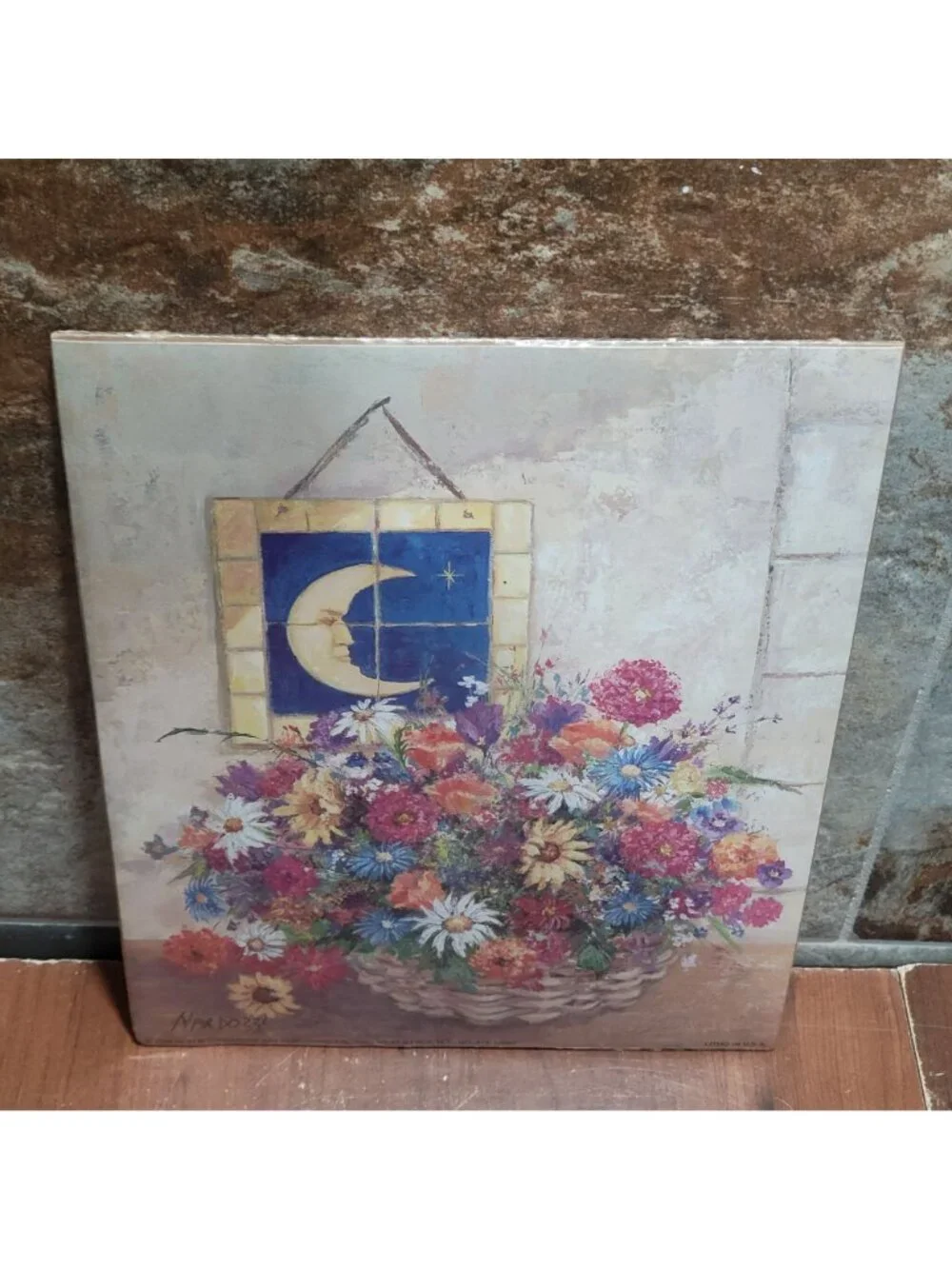 Vintage Unframed Floral Still Life Crescent Moon Art Print 1994 Nardozzi