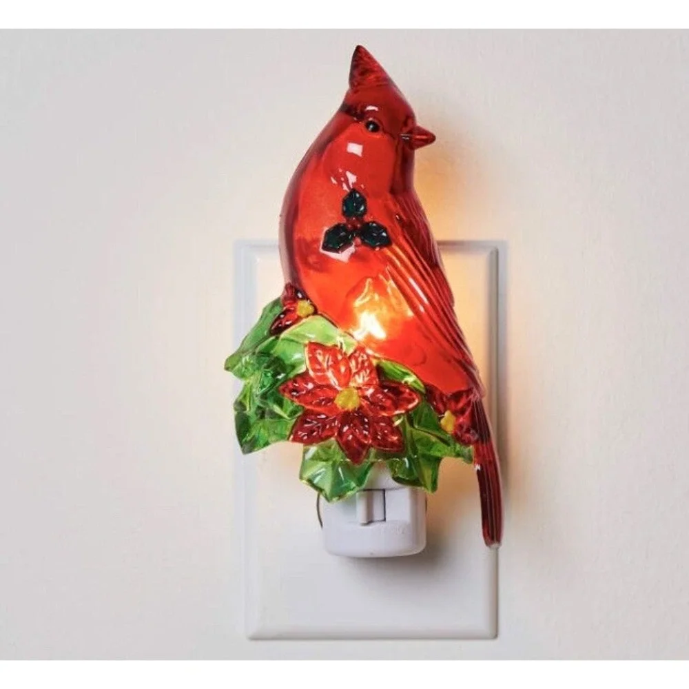 Holiday‎ Time Red Cardinal Night Light w/ Light Bulb Bird Xmas Poinsettia NEW