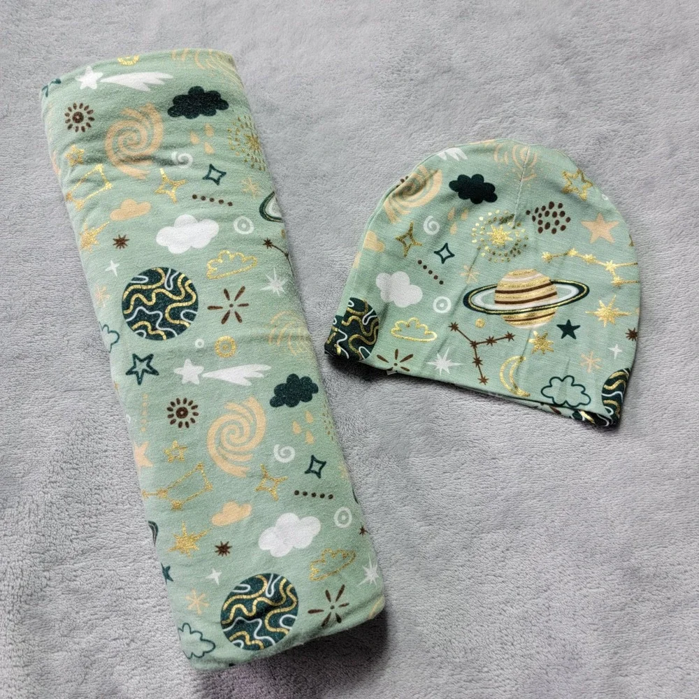 Posh Peanut Bamboo Outer Space Swaddle Blanket and Beanie Set Green Gold 0-3M