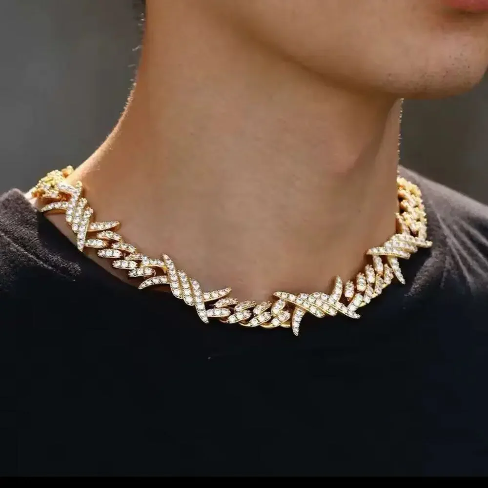 18K Gold Plated Cuban Link Thorn Flame Zircon Necklace