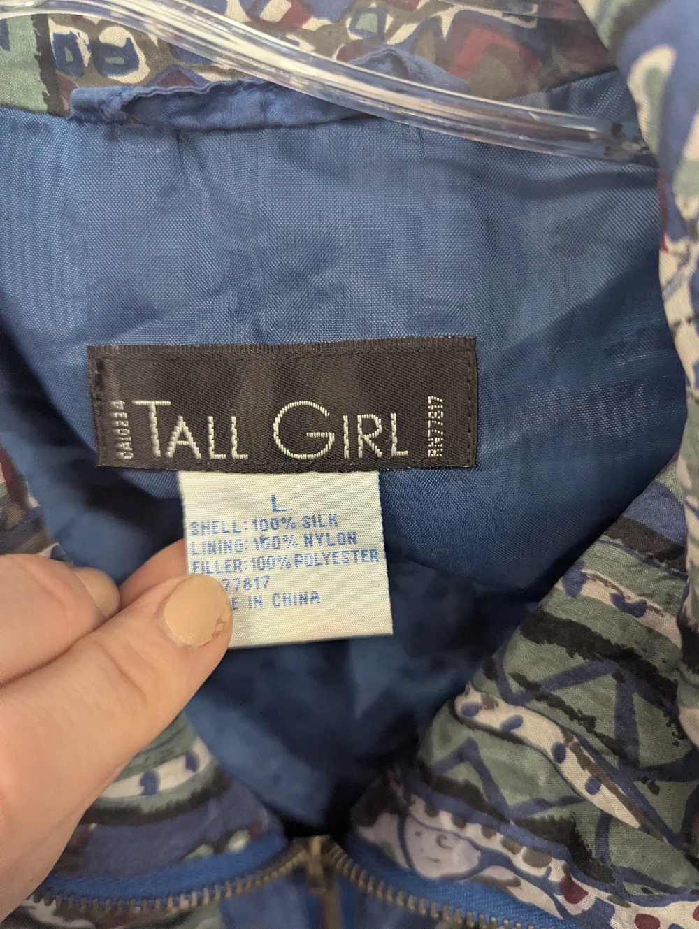 Vintage Tall Girl 100% Silk Windbreaker Jacket Women Large Blue Abstract Zip Fro