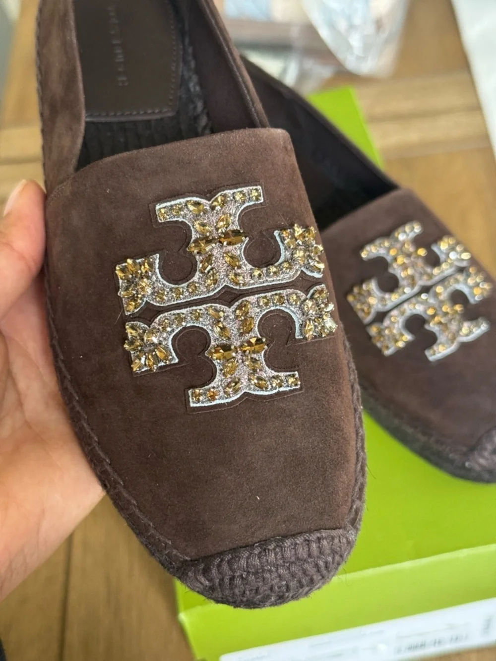 Tory Burch Brown Suede Slip-On Loafers with Crystal Double-T Logo