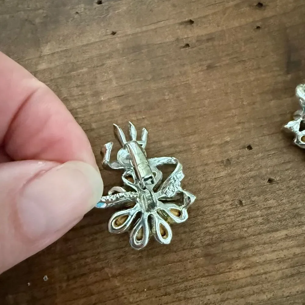 1950s Vintage Coro Rhinestone Earrings Light Pastel Blue Rhinestone Flowers Fanf