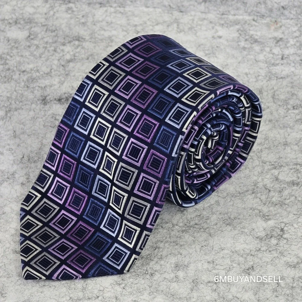 Michael Kors Mens‎ Silk Tie Navy Blue Purple Geometric Square Pattern RN 121148