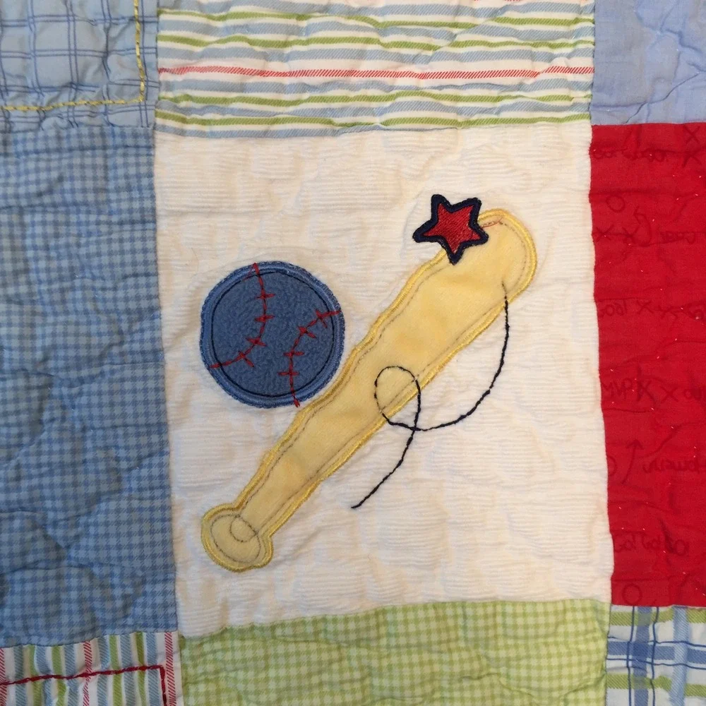 Carters Child of Mine Baby Quilt Blanket Blue Sports Puppy Patchwork Cotton