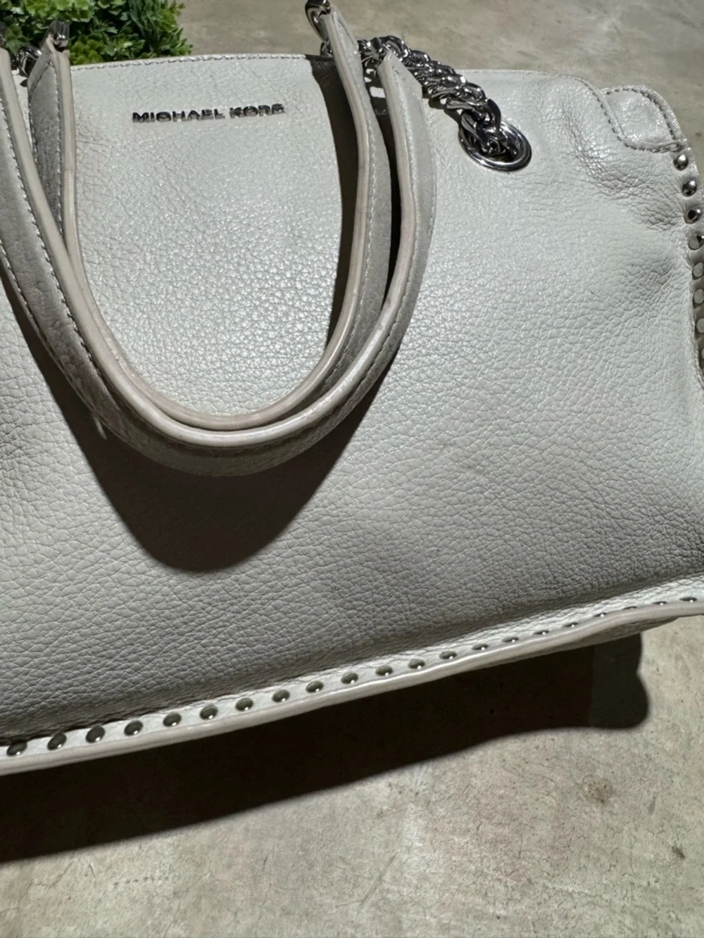 Michael Kors Astor Large Leather Satchel Bag Purse Studded Light Gray Shoulder