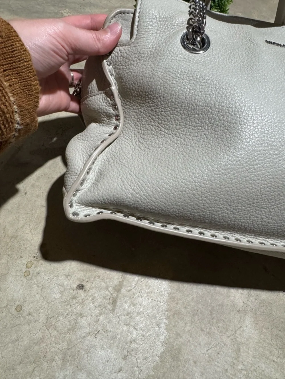 Michael Kors Astor Large Leather Satchel Bag Purse Studded Light Gray Shoulder
