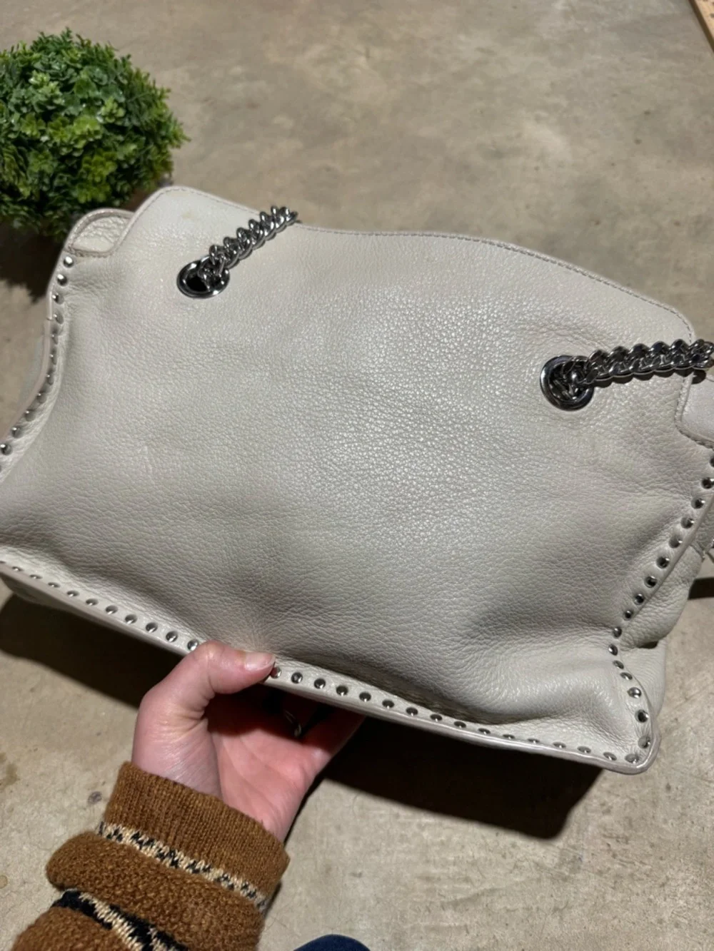 Michael Kors Astor Large Leather Satchel Bag Purse Studded Light Gray Shoulder
